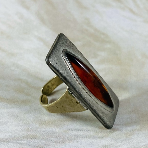 Jorgen Jensen Denmark vintage adjustable ring pewter amber glass stone. - Picture 3 of 3